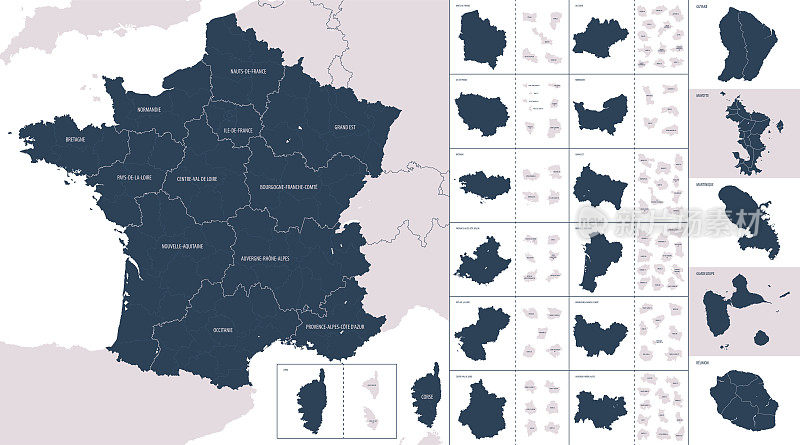 矢量彩色法国大都市和海外领土详细地图，附有国家的行政区划，每个区域都单独呈现，非常详细，并划分为部门