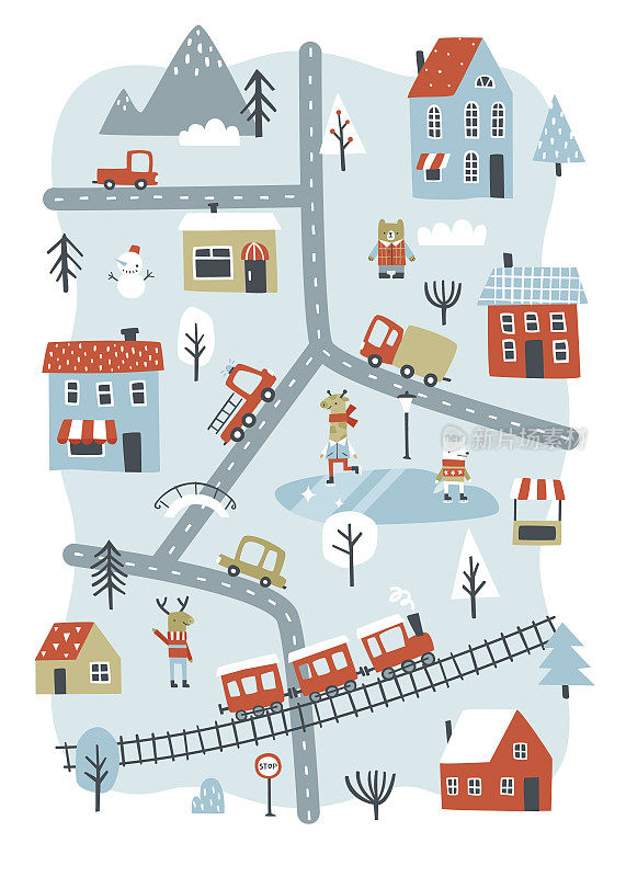 冬季小镇涂鸦地图，有动物，汽车，火车，树，山。卡通城市视图。下雪天的村庄。