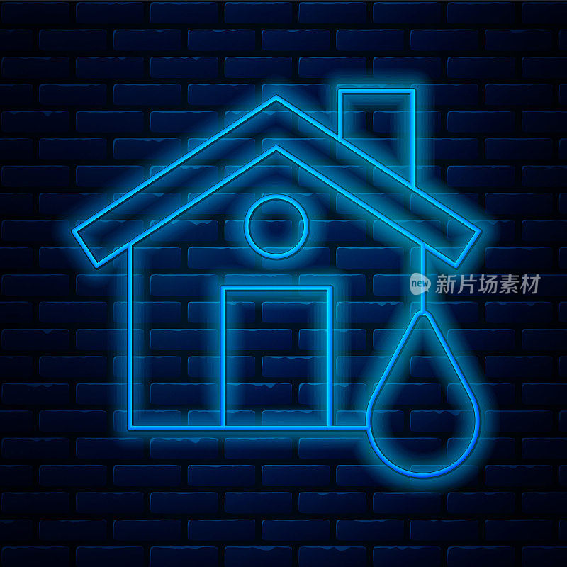 发光的霓虹灯线房子洪水图标孤立在砖墙背景上。家被水淹没。保险的概念。安全，安全，保护，保护理念。向量