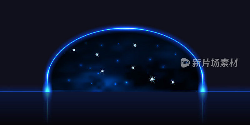 蓝色霓虹灯门，通往星系空间的入口。发光的霓虹拱门与灯光效果，宇宙恒星星云和黑暗的夜空。矢量图