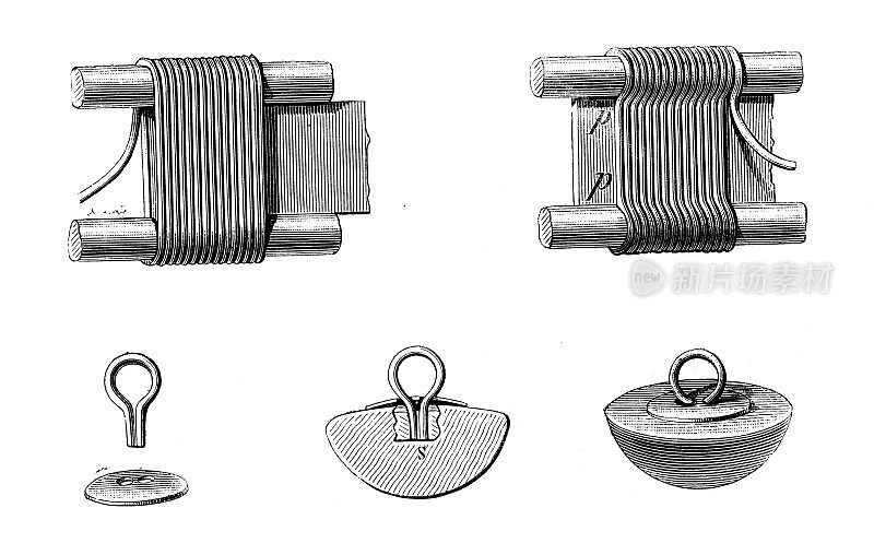 19世纪工业、技术和工艺的古董插图:钮扣生产