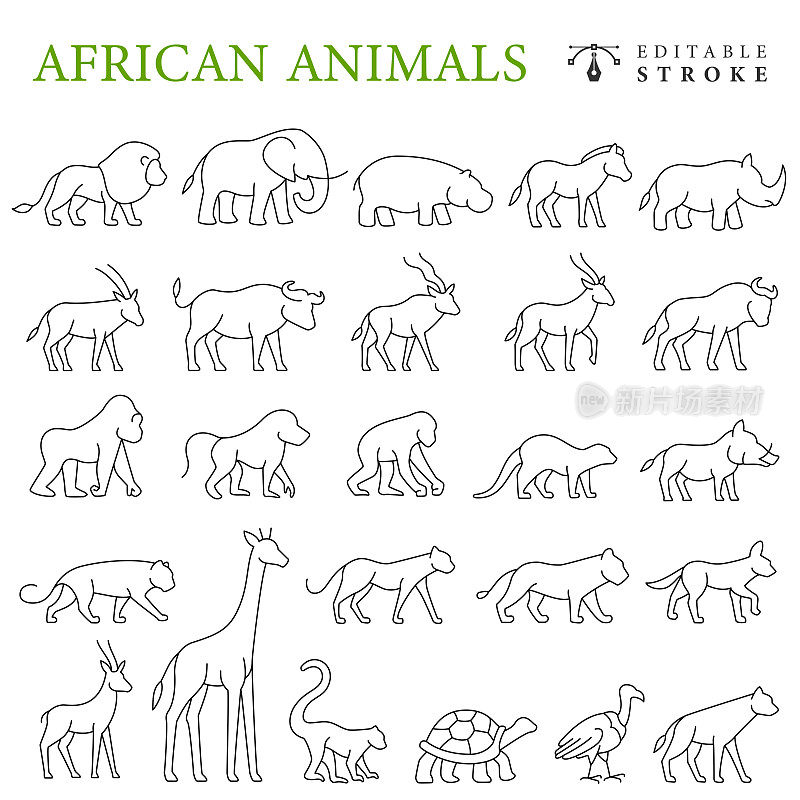 非洲动物线图标。可编辑的中风。