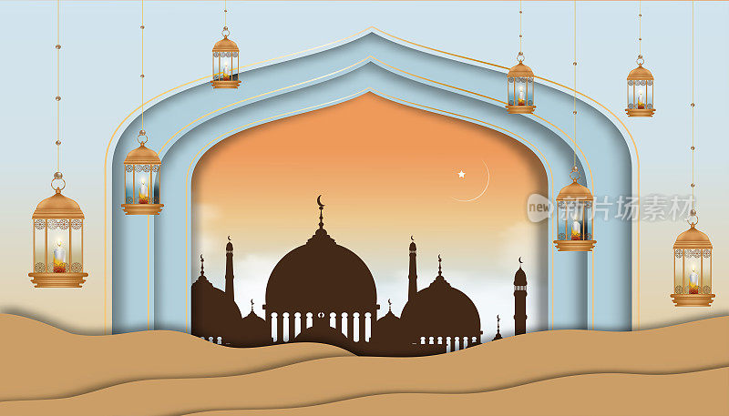 清真寺窗户与伊斯兰灯笼和蜡烛挂在墙上的背景，剪纸伊斯兰宗教矢量插图，斋月卡里姆，开斋节，古尔邦，快乐的穆哈兰