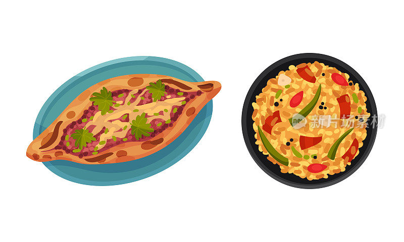 土耳其国家食品与比萨饼和肉饭与蔬菜上面的视图向量集