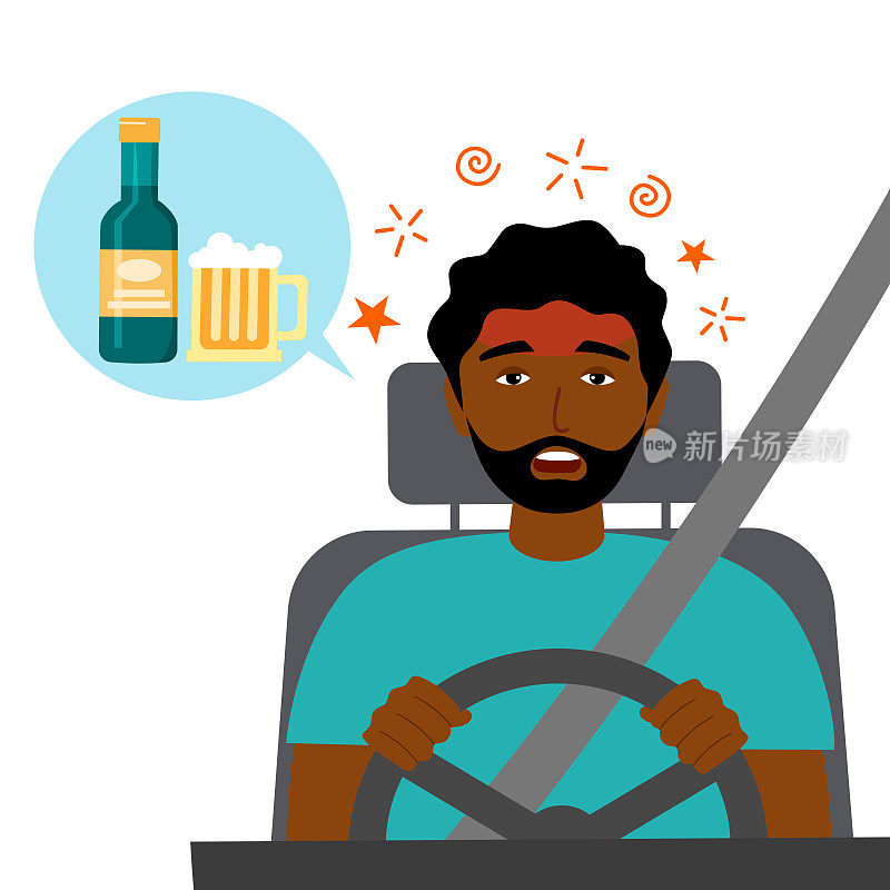 醉酒男子驾驶汽车概念矢量插图。喝酒不驱动竞选。
