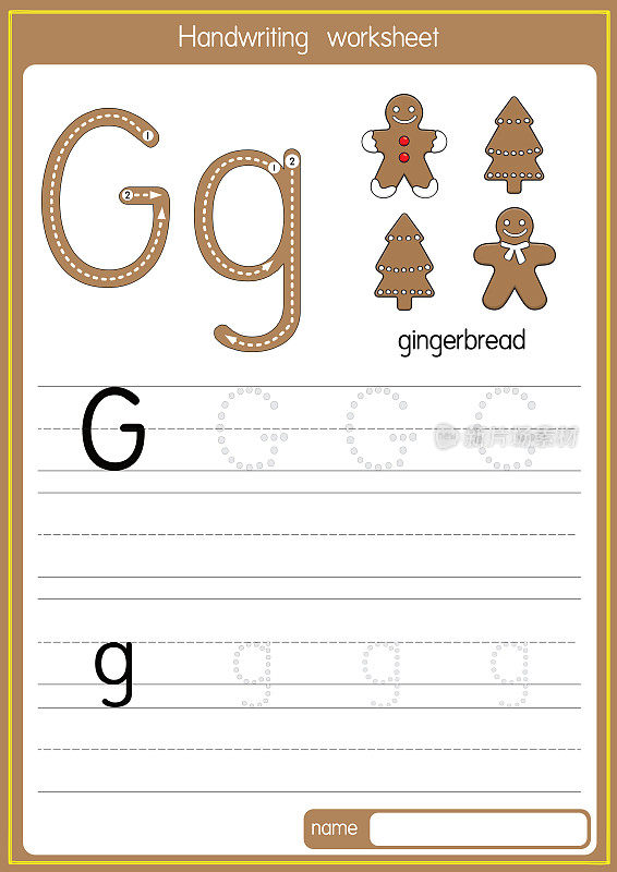 矢量插图姜饼与字母G大写字母或大写字母的儿童学习练习ABC