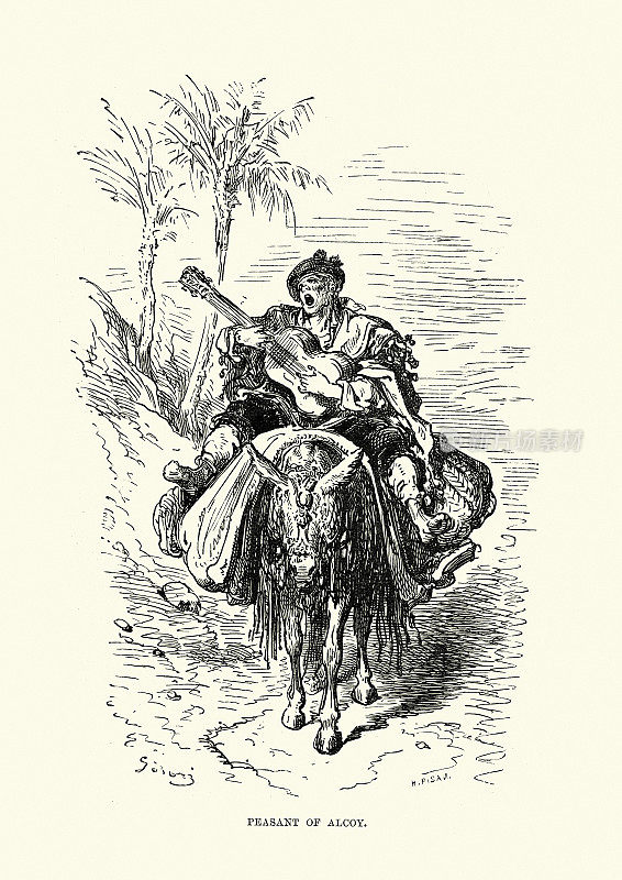 阿尔科伊的农民,弹着吉他唱歌,骑着驴,西班牙巴伦西亚,19世纪的古斯塔夫・多雷