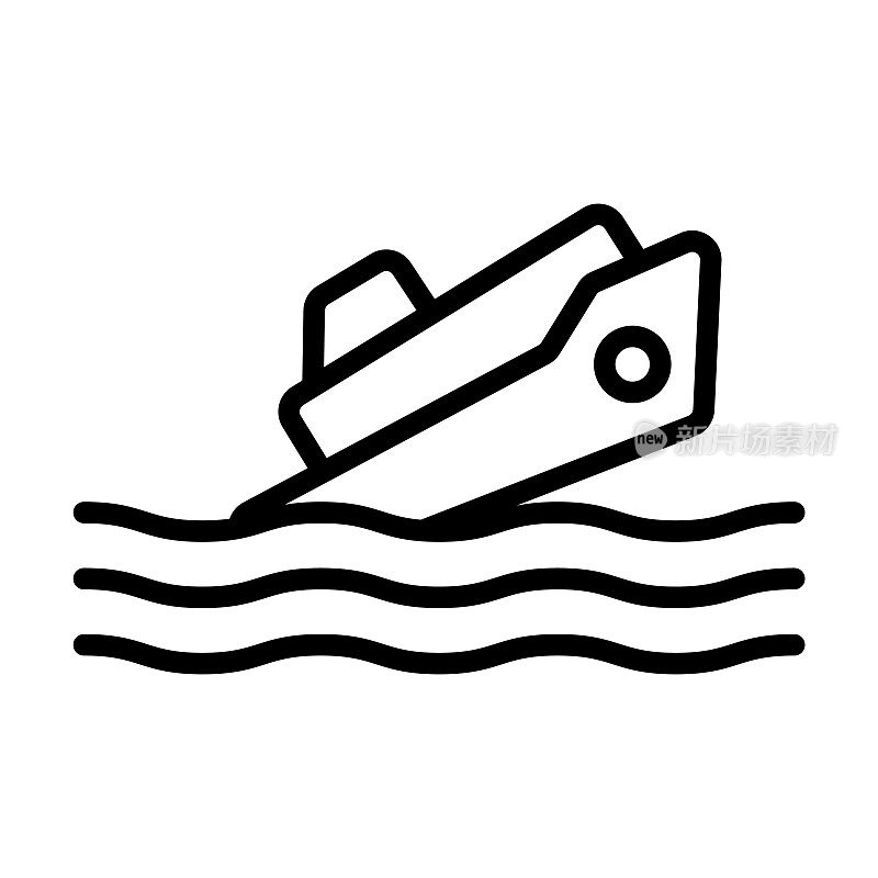 来自航海收集的翻船图标。细线性倾覆，船，水轮廓图标孤立在白色背景。线矢量翻船符号，网页和移动的符号。