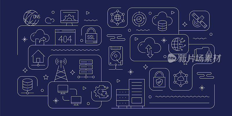 网络技术相关矢量横幅设计概念，现代线条风格与图标