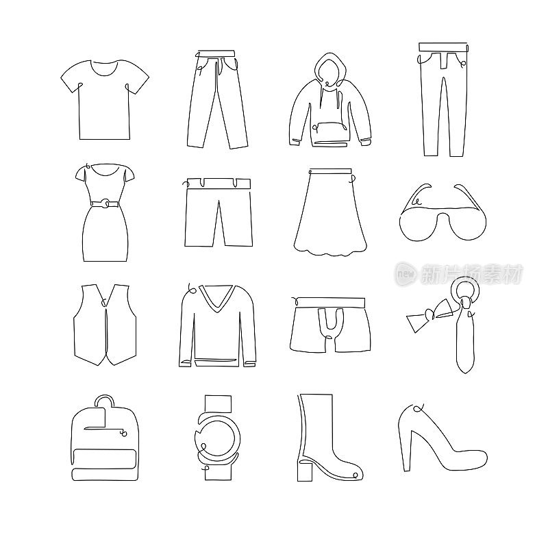 衣服和配件相关的单线图标。大纲符号集合