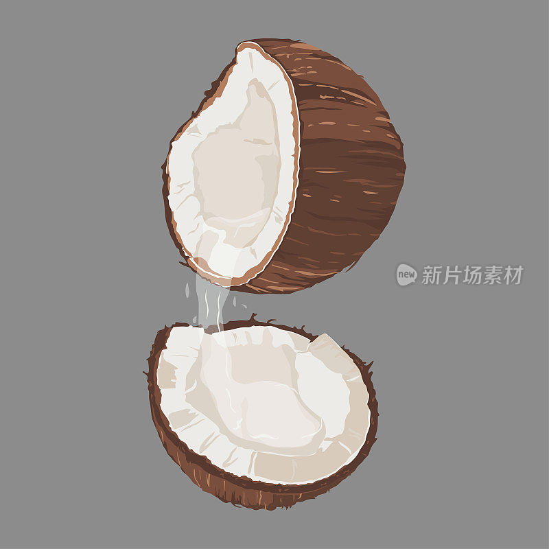 在白色的背景上，一个破碎的椰子分成两半，洒上椰奶作为包装的设计元素