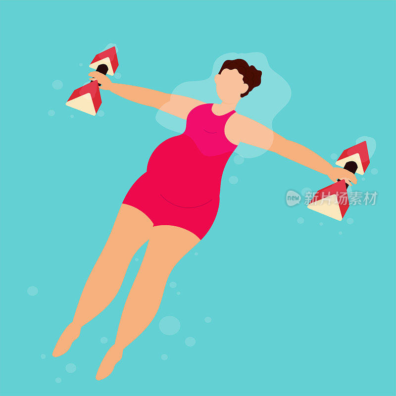 一个穿着泳装的孕妇在泳池里。水健身和有氧运动。健康的生活方式