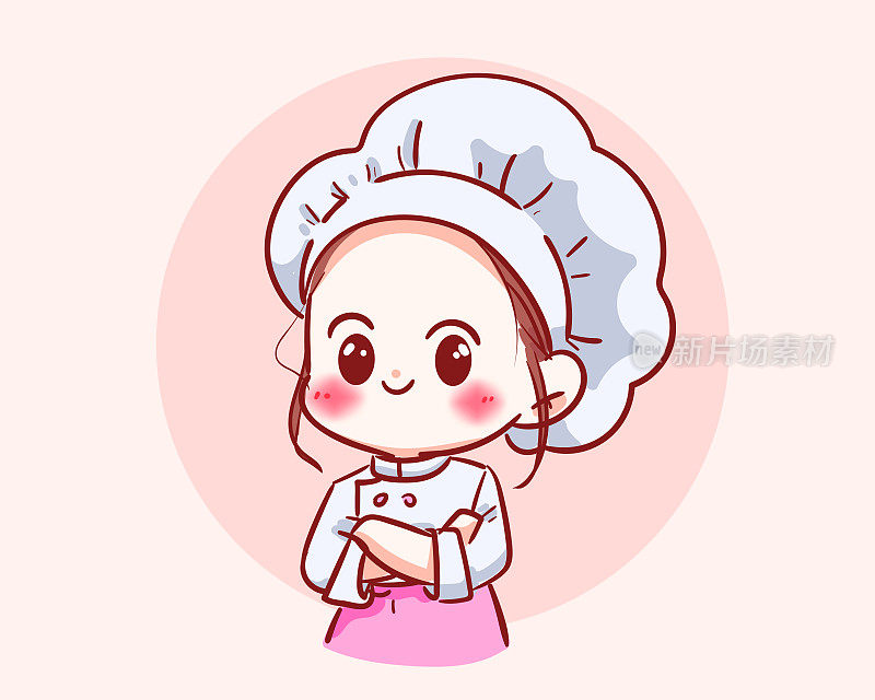 可爱的厨师女孩穿着制服，微笑的角色，双臂交叉的餐厅标志卡通艺术插图
