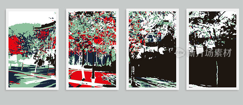 矢量樱花樱花街道，城市夜景，木刻风格的图案明信片插图背景