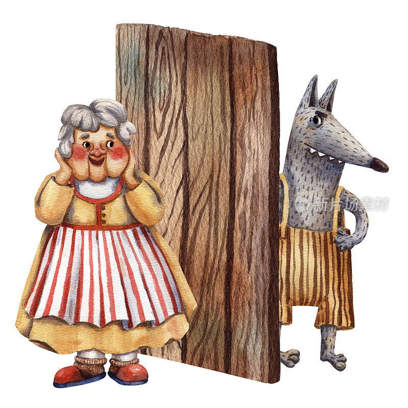 水彩狼字在门。《小红帽》中的人物。狼和奶奶。吓狼。孩子们的书。童话插图。卡通的艺术风格。吓唬狼和老太太。