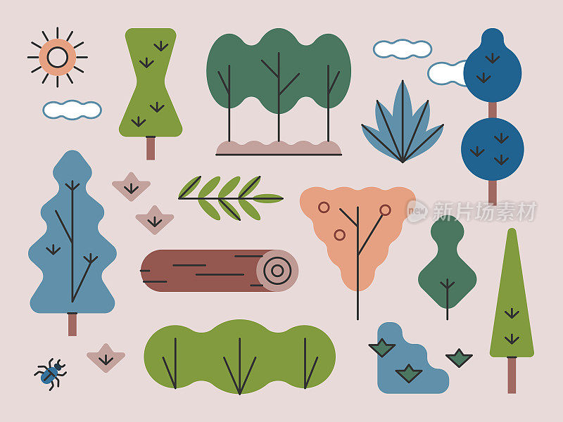 林地树木和植物-亮线系列