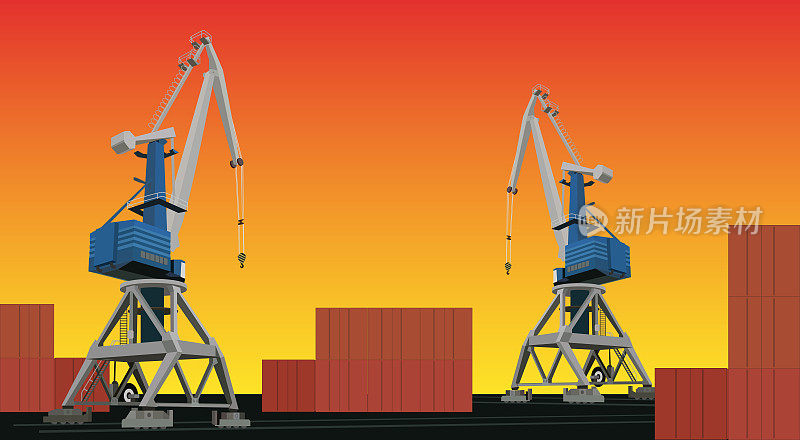 以起重机和集装箱为背景的商业货运港口，日落的天空与副本空间。