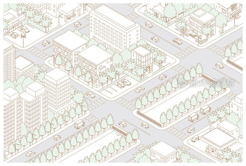 城市景观的三维视图。城市景观。线条画插图。