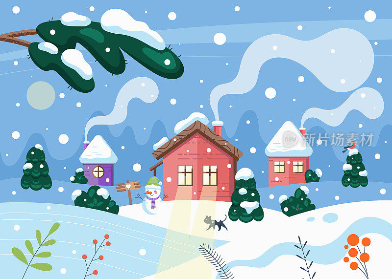 冬天可爱的风景与圣诞节舒适的房子，雪林和雪人。矢量雪，猫，村庄的房子，舒适的霜夜。