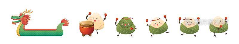 中国的节日:端午节的饺子卡通人物吉祥物和龙舟卡通向量集，可爱和好玩的动作和表情