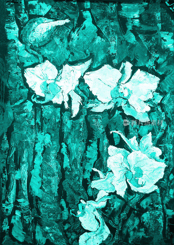 插画油画风景花兰花在一个明亮的背景植物叶子在蓝色色调