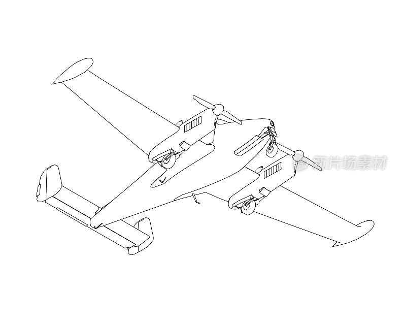 白色背景上孤立的黑线勾勒出带有螺旋桨的飞机轮廓。底部视图。矢量插图。