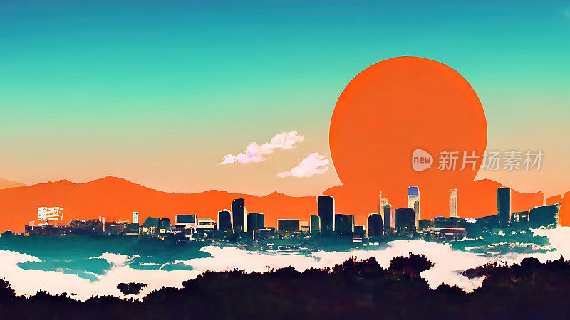 加州的天际线，橙色在夕阳下照亮了城市