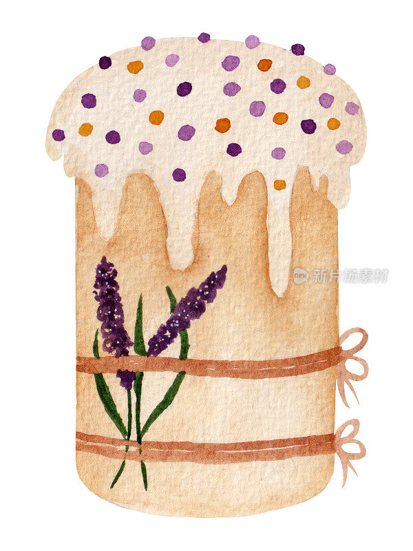用薰衣草装饰的水彩复活节蛋糕，孤立在白色背景上。