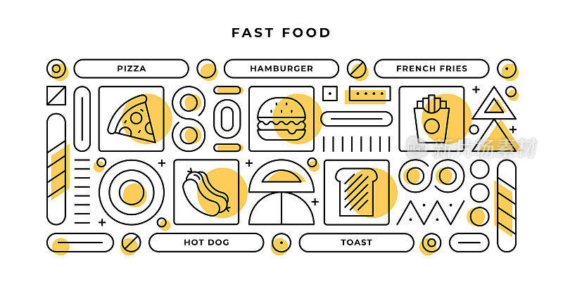 快餐信息图表概念与几何形状和比萨饼，汉堡，热狗，吐司线图标
