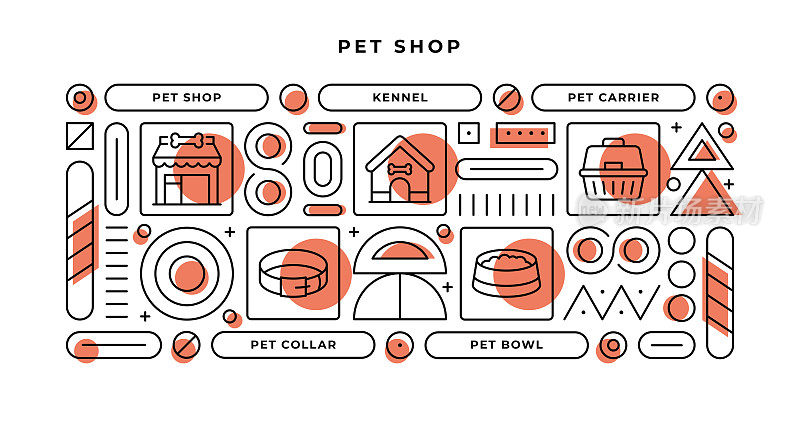 宠物店信息图表概念几何形状和宠物店，狗舍，宠物项圈，宠物碗线图标