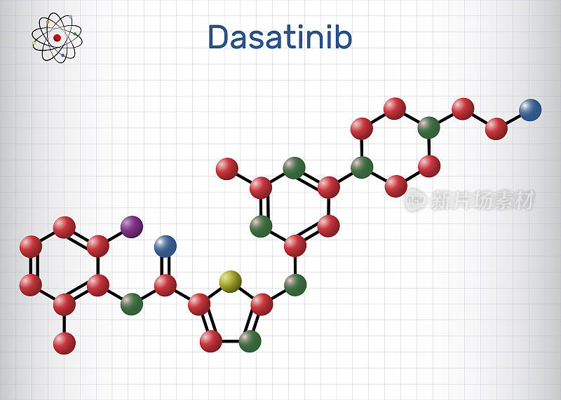 达沙替尼的分子。它被用来治疗骨髓性白血病(CML)和急性淋巴细胞白血病(ALL)。结构化学式，分子模型。一张放在笼子里的纸