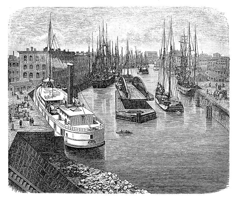 芝加哥河上的秋千桥水平旋转，供船只通过和陆地运输通过