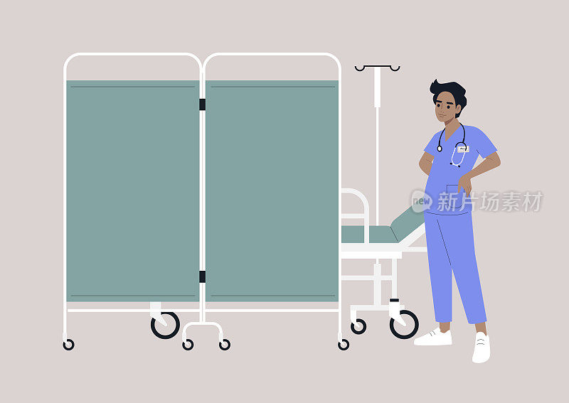 一个带轮子的医院屏风隔断，一个病房隔板后面的病床，一个穿着制服的年轻医生
