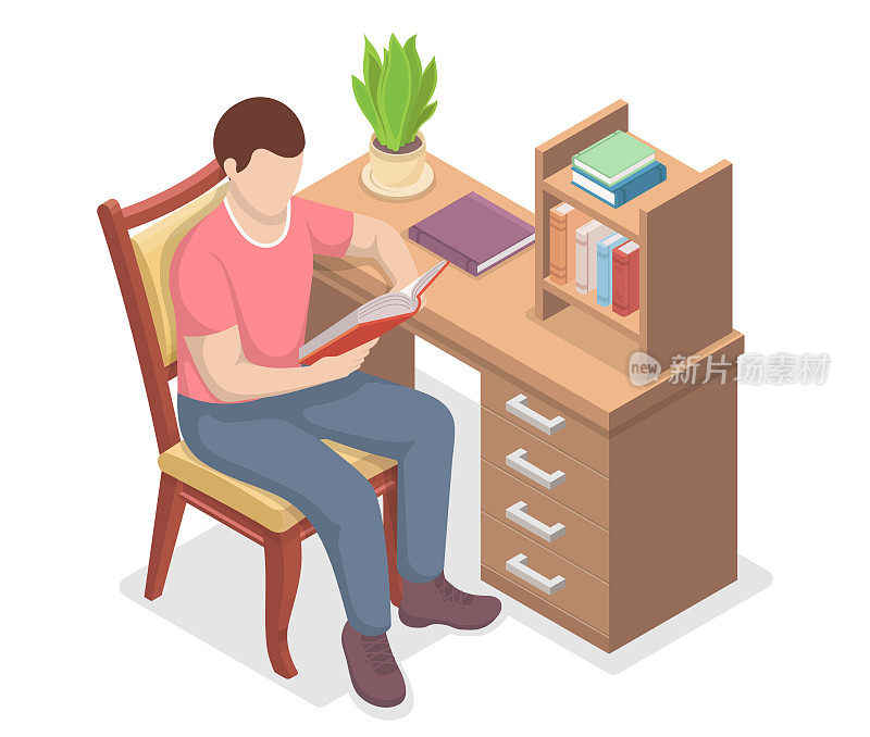 年轻人坐在椅子上看书等距矢量。聪明的读者喜欢文学或研究。带书桌和书架的概念客厅。