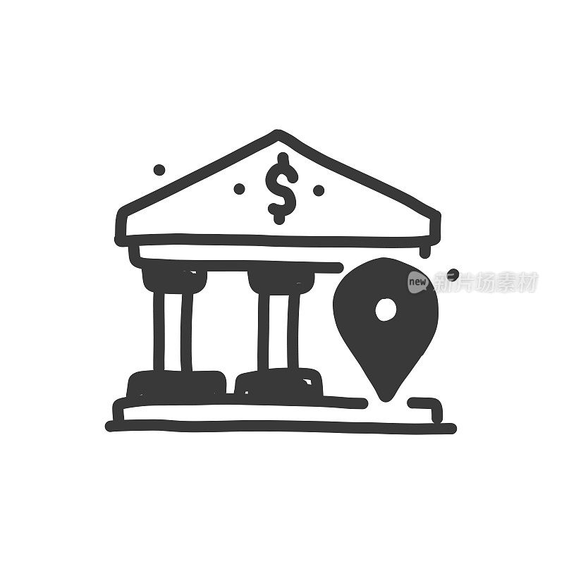 银行大厦位置线图标，草图和涂鸦设计，像素完美，可编辑的笔画。银行