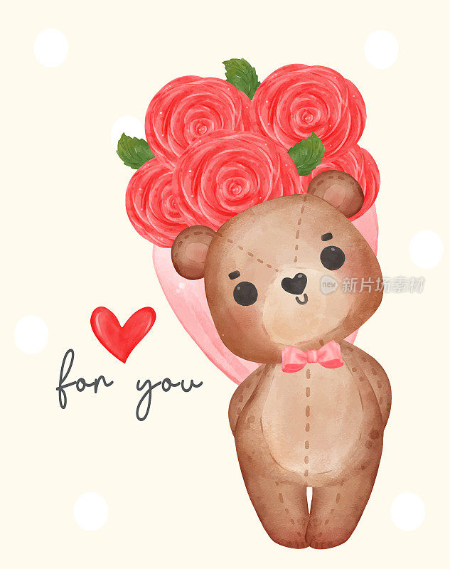 可爱的棕色泰迪熊娃娃藏玫瑰花束被隐藏，可爱的卡通水彩手绘矢量插画