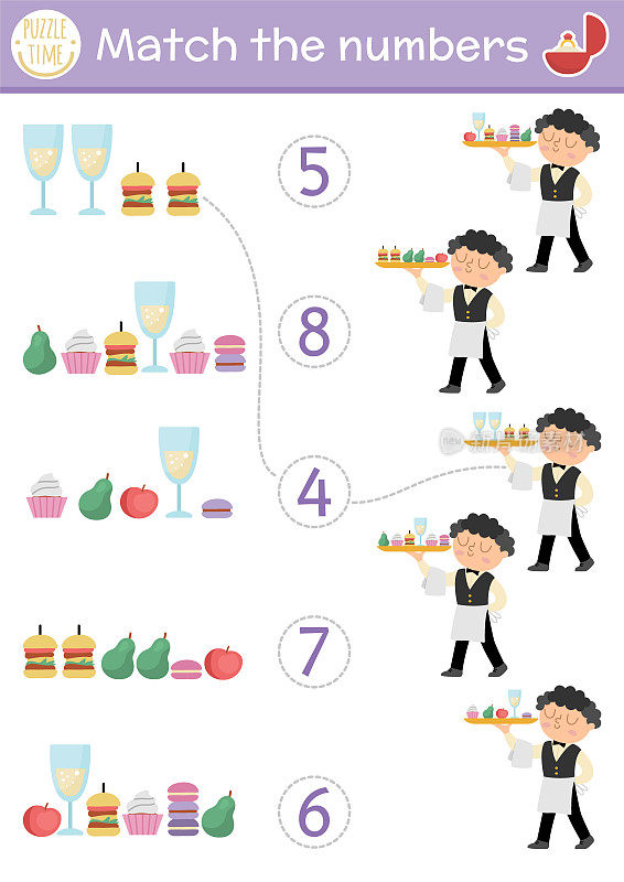 配对数字婚礼游戏与服务员和糖果棒食物。学前儿童结婚典礼数学活动。教育计数工作表与传统节日食品