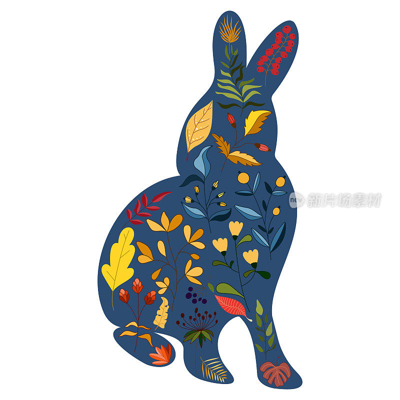 兔子字符设计与美丽的花朵为春天，复活节。中秋节或2023年中国新年，兔年生肖。矢量图