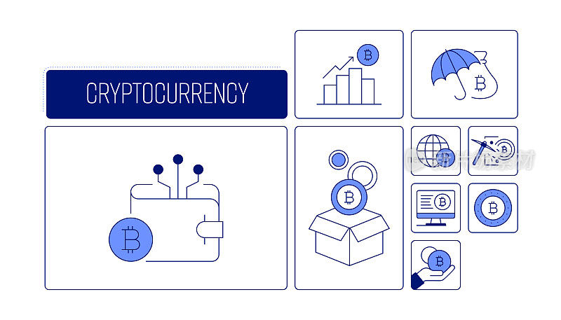 与线图标加密货币相关的设计。简单轮廓符号图标。