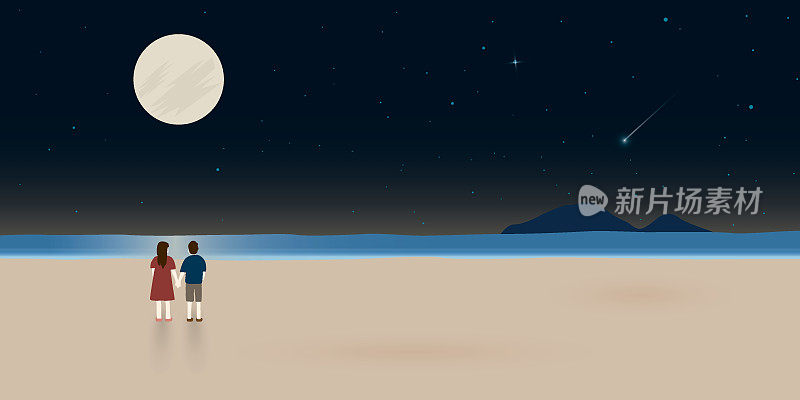 月圆之夜，热带蓝色的大海，沙滩和山峰与情侣情侣插图。海岸风景美丽的海滨海滩在夜间平面设计插图。