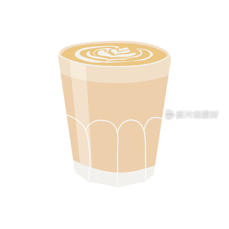 用透明玻璃装的新鲜热拿铁。一杯棕色的阿拉伯牛奶咖啡，上面有泡沫卡布奇诺艺术。彩色平面矢量插图在时尚的极简主义风格孤立的白色背景。