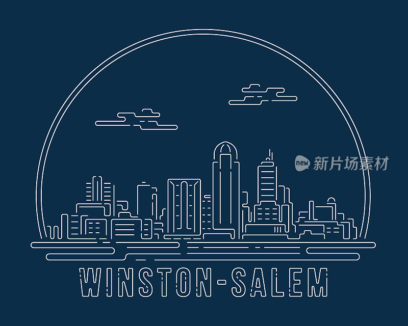 温斯顿·塞勒姆-城市景观以白色抽象线条角曲线现代风格在深蓝色背景上，建筑天际线城市矢量插图设计