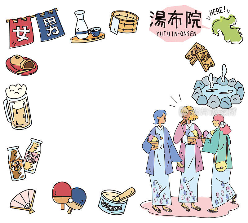 日本大分的裕富温泉和一组温泉图标和穿着浴衣的女性朋友(线条画)