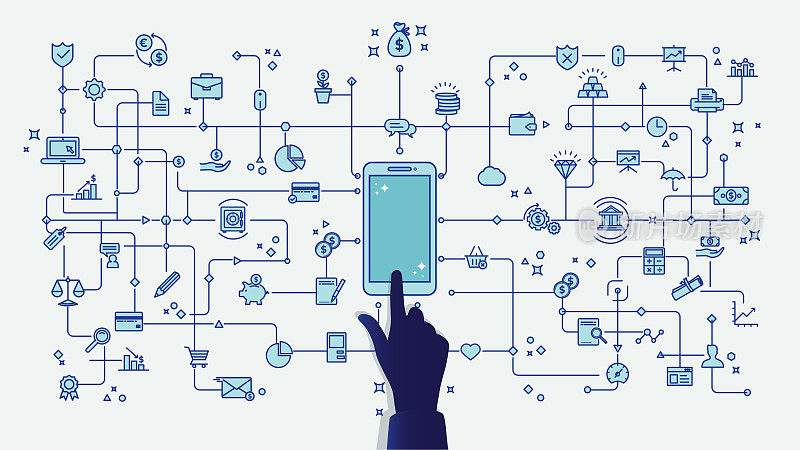 移动银行应用程序连接网络的金融图标