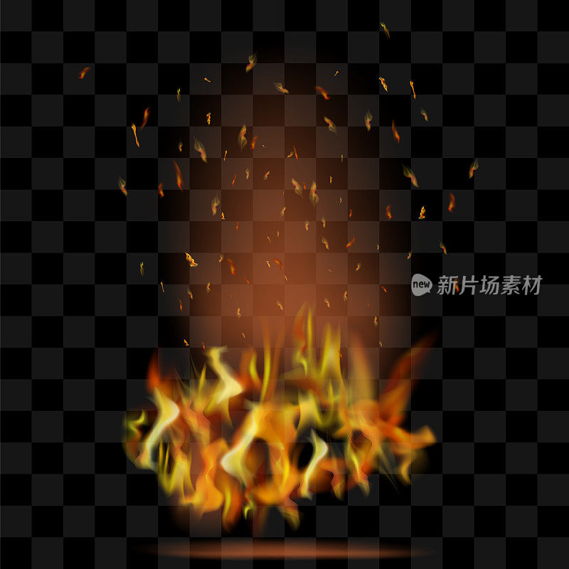矢量现实火。黑色方格背景上的红色火焰。炽热的红色和黄色燃烧着火焰，余烬飞扬