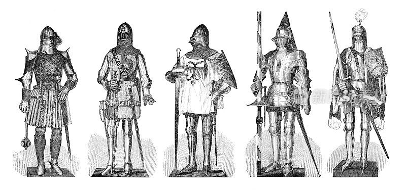身穿14世纪法国和西班牙历史上的装甲服装的士兵