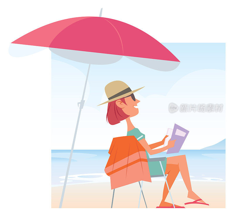 阳光明媚的日子里，女人坐在沙滩上的躺椅上看书