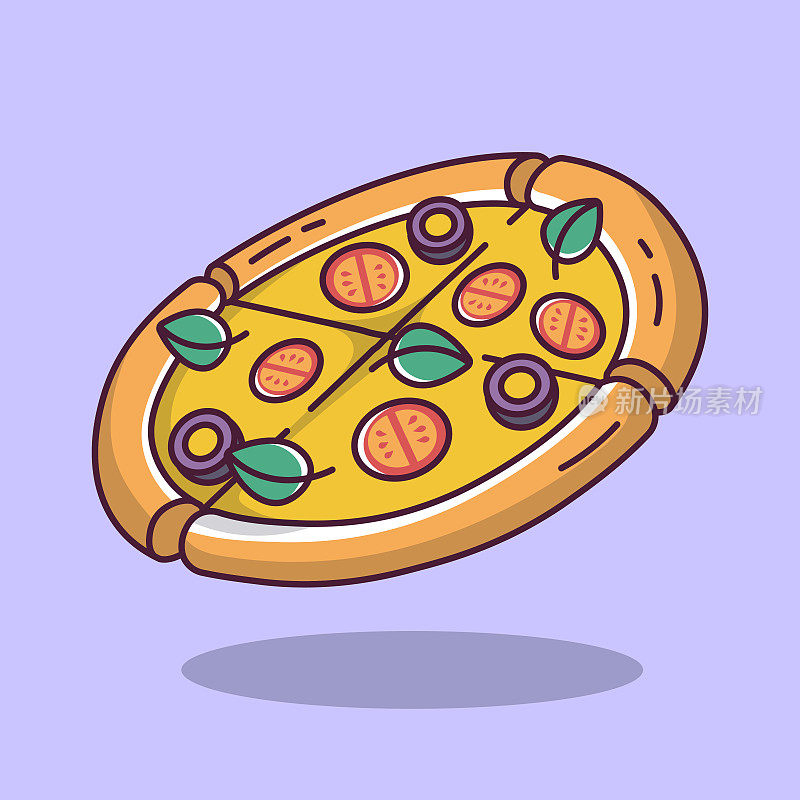比萨饼与西红柿和橄榄卡通风格插图矢量插图