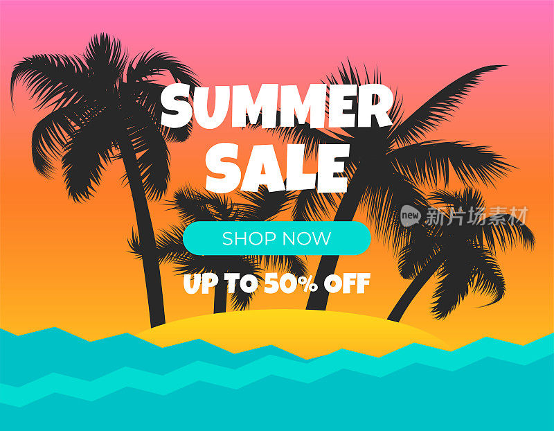 矢量插图的夏季促销与热带主题。用于横幅，海报。包括棕榈树，大海，和海滩元素的特别优惠