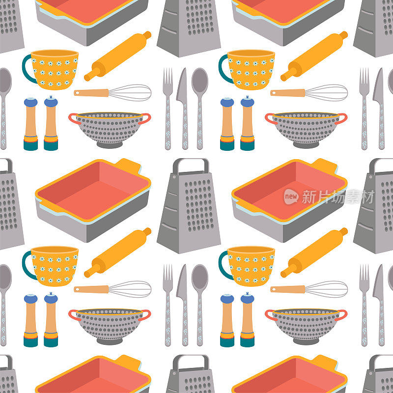 厨房用具的图案，平底锅，勺子，叉子，刀，杯子，打蛋器，烤盘，漏勺，磨碎器。
